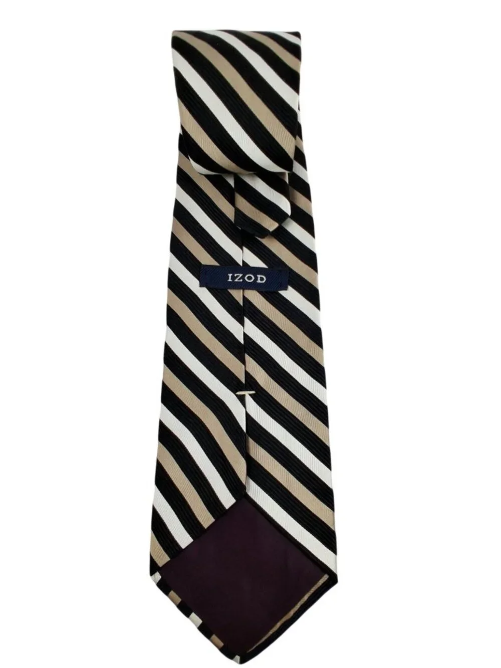 Izod Mens Striped 100% Silk Tie Black Beige White Diagonal Pattern 57